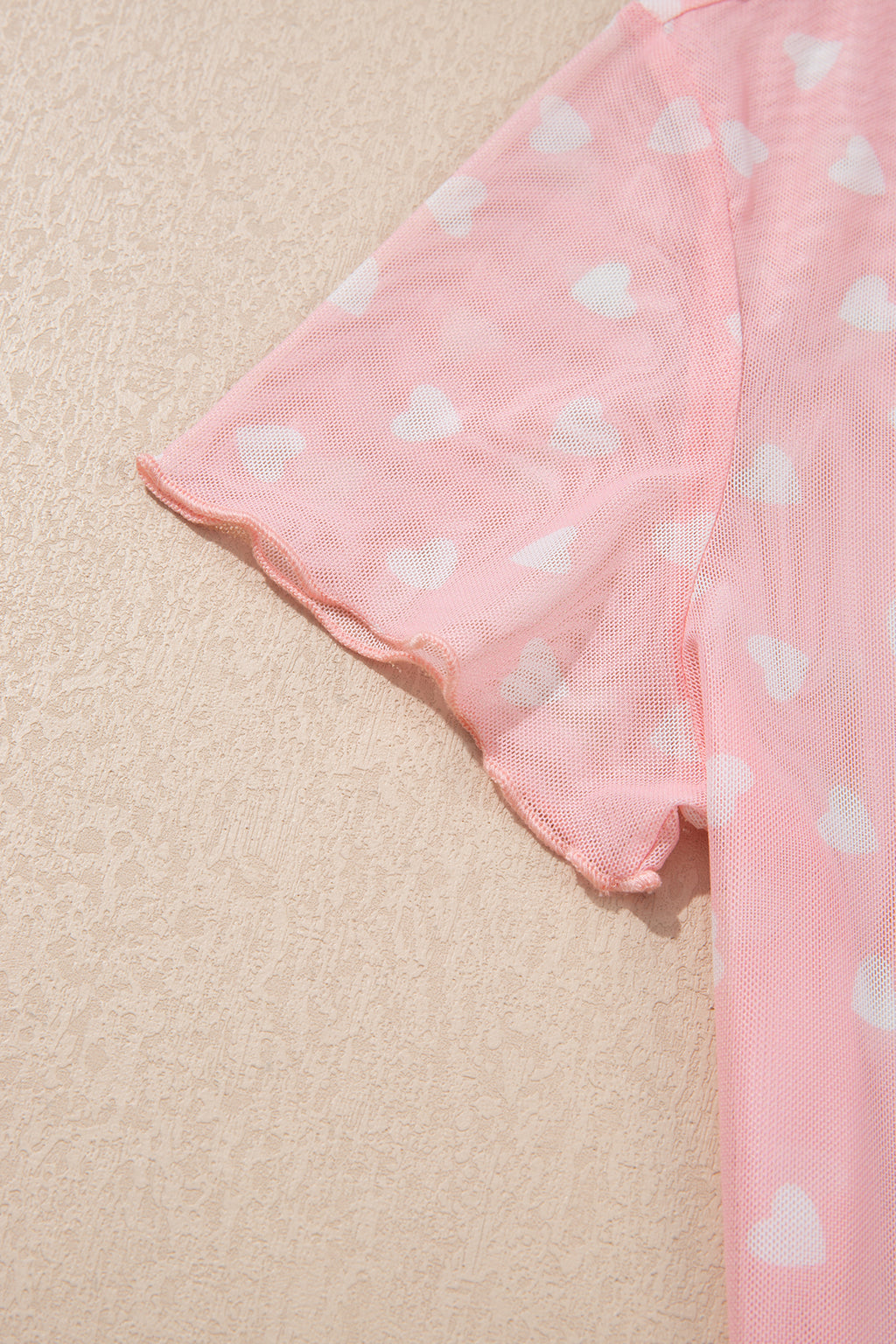 Pink Allover Heart Print Mesh Short Sleeve Top