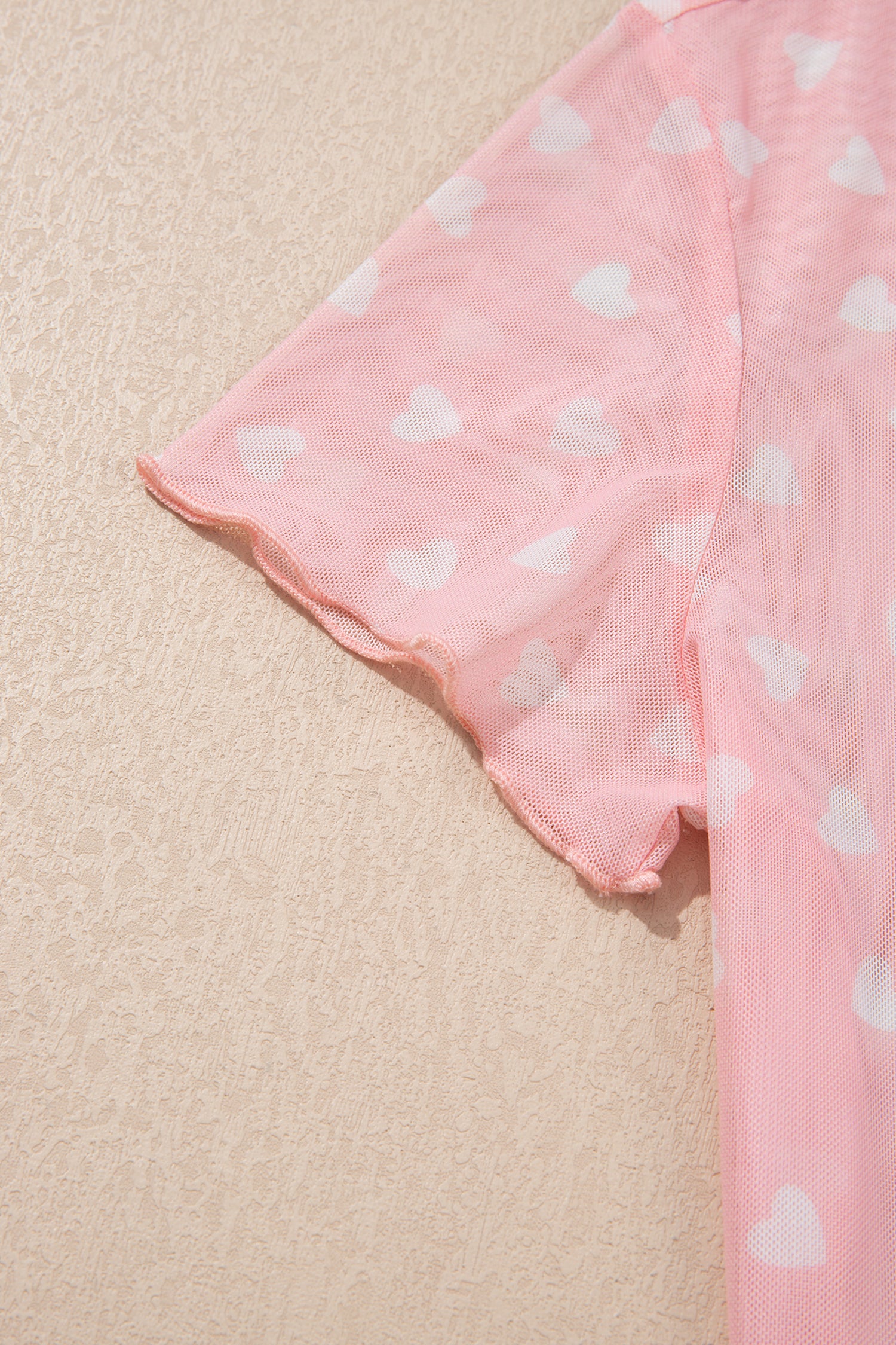 Pink Allover Heart Print Mesh Short Sleeve Top