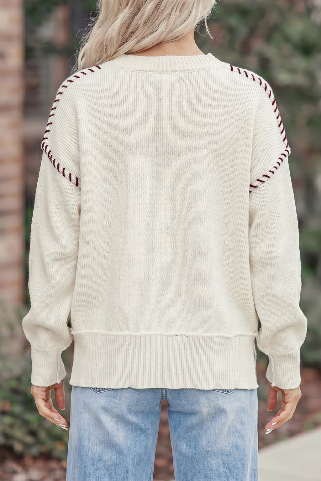 Beige Drop Shoulder Game Day Letter Print Pullover Sweater