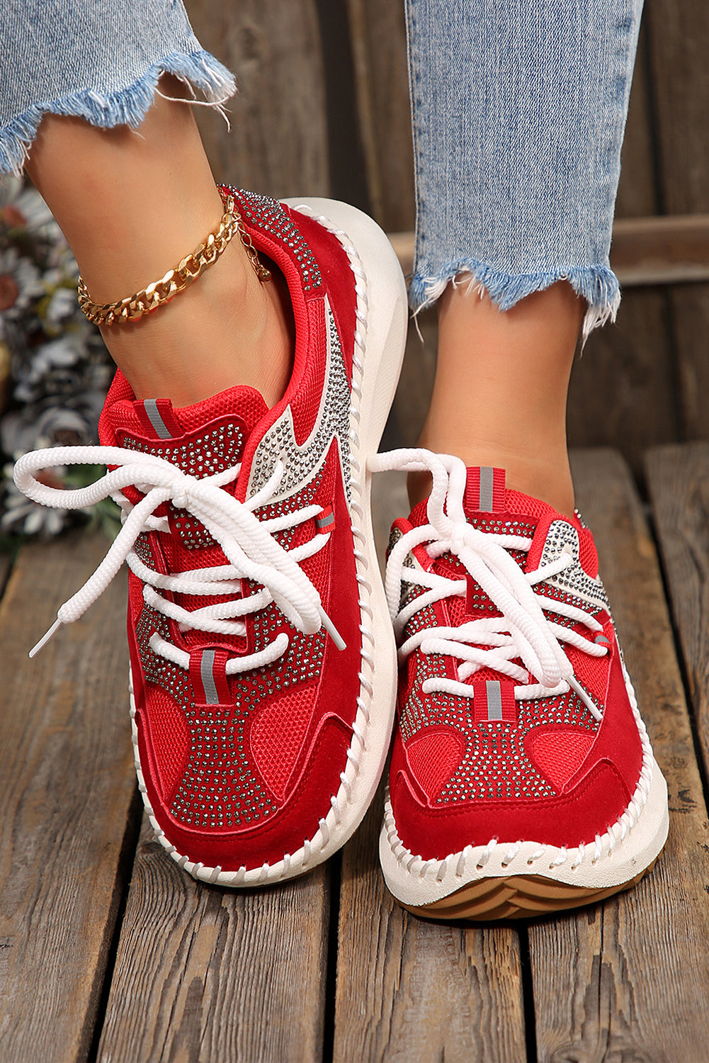 White Rhinestone Embellished Color Block Patchwork Lace-up Breathable Sneakers