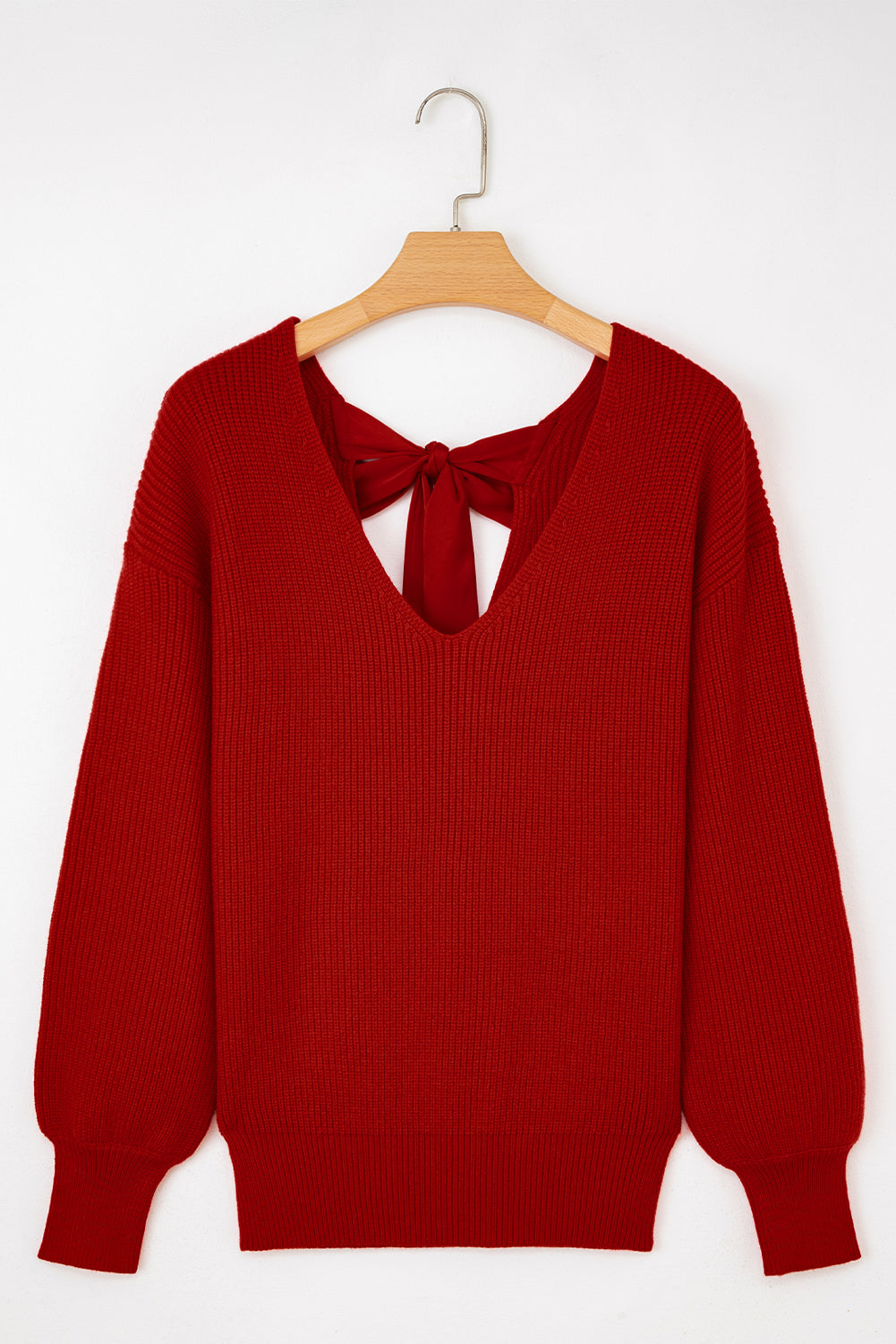 Apricot Lantern Sleeve V Neck Knot Back Sweater