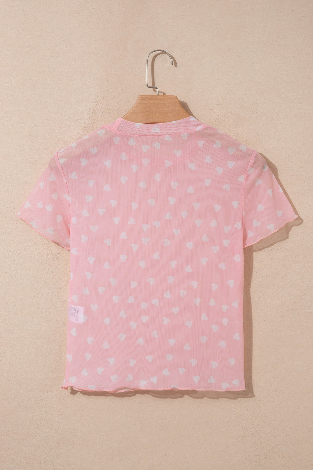 Pink Allover Heart Print Mesh Short Sleeve Top