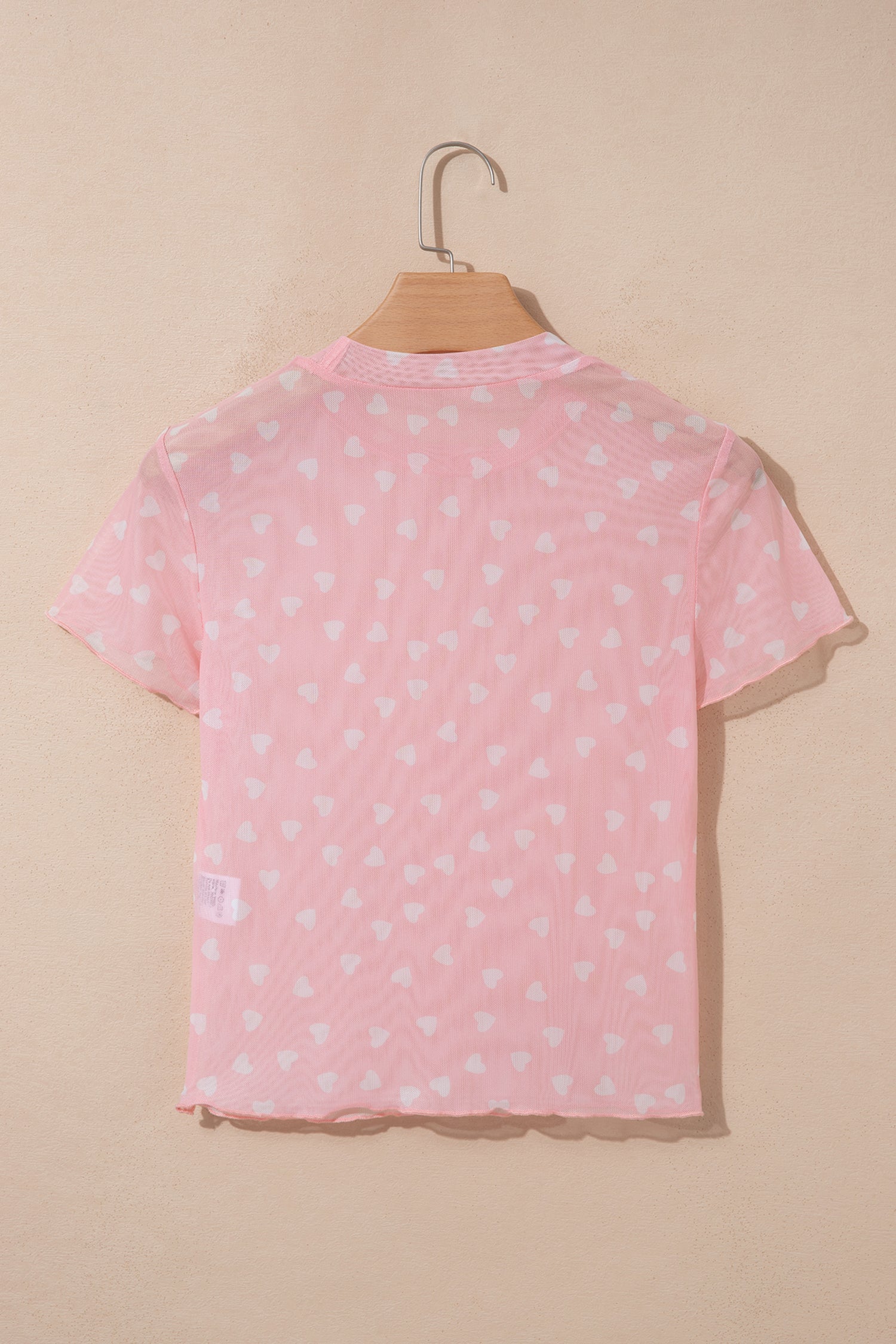 Pink Allover Heart Print Mesh Short Sleeve Top
