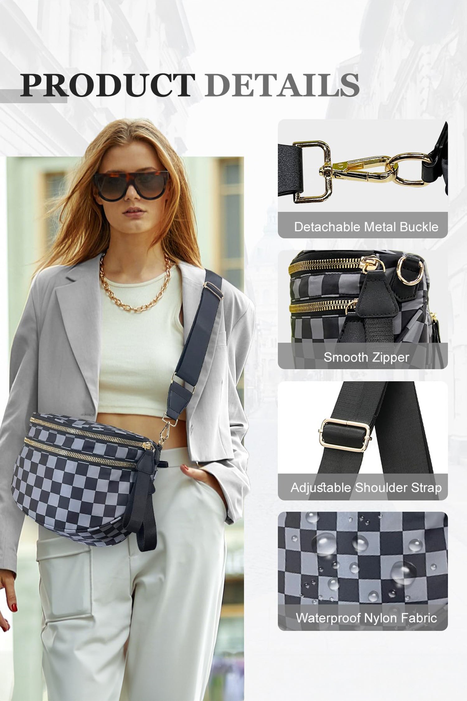 Chestnut Checkered Print Wide Strap Large Crossbody Bag
