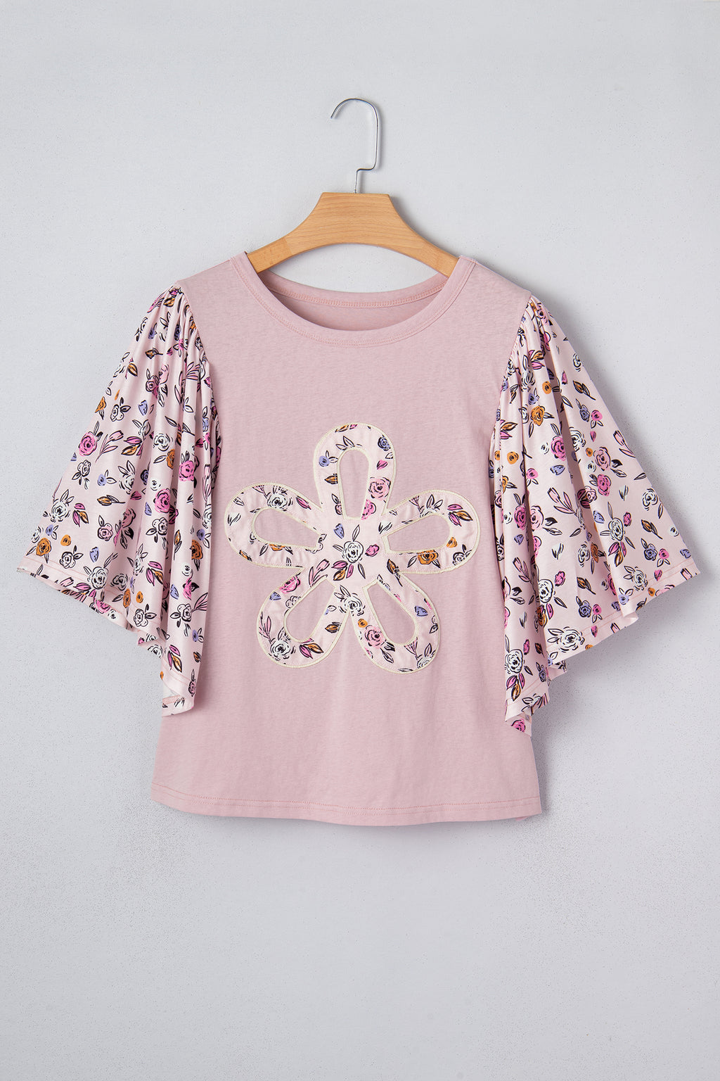 Pink Contrast Floral Patched Flowy Half Sleeve Blouse