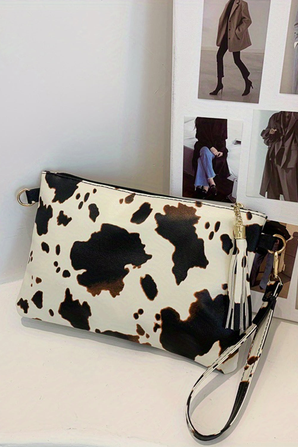 White Leopard/Cow Print Wrist Strap Zipped Wallet