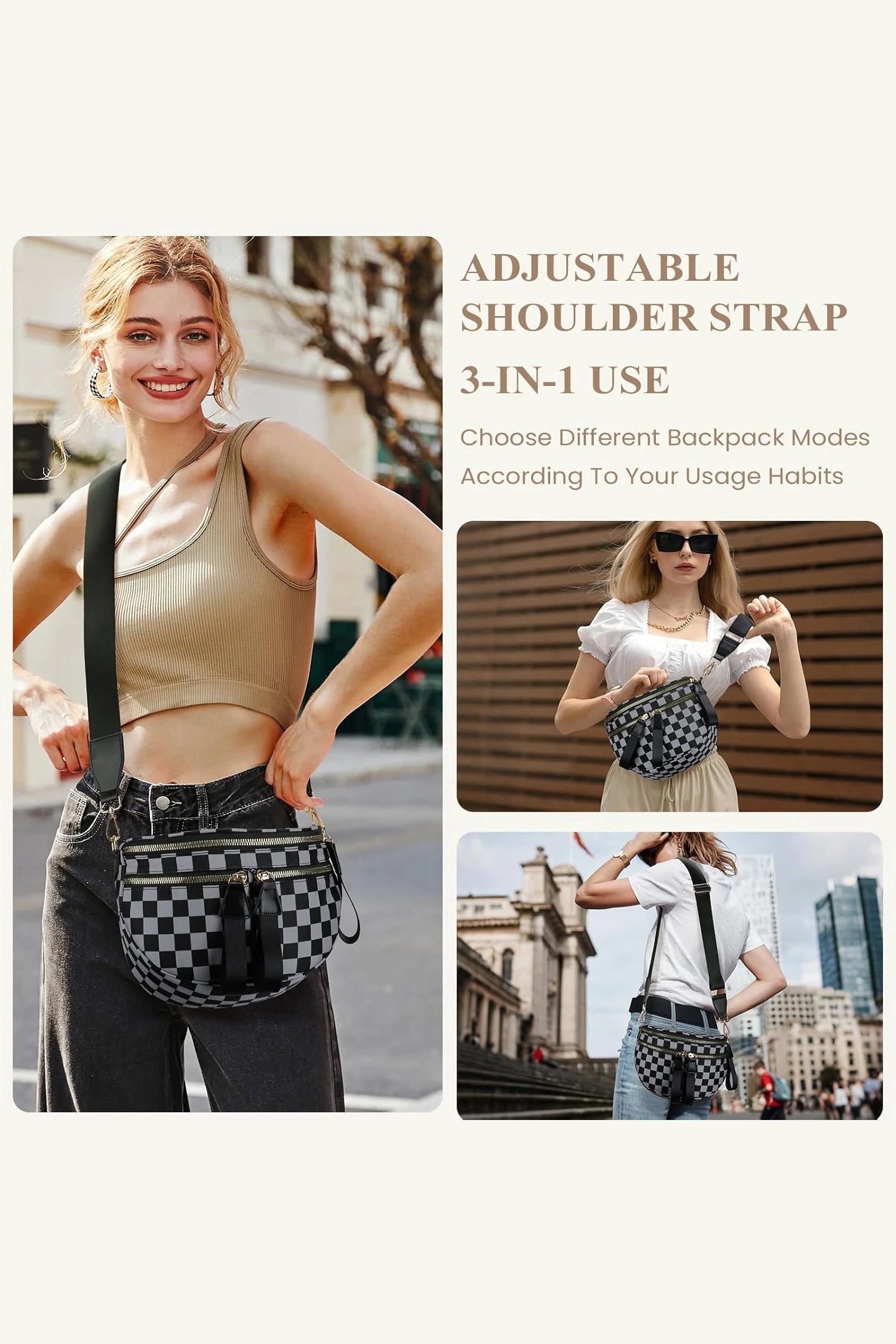 Oatmeal Canvas Checkerboard Pattern 27cm Compact Crossbody Bag
