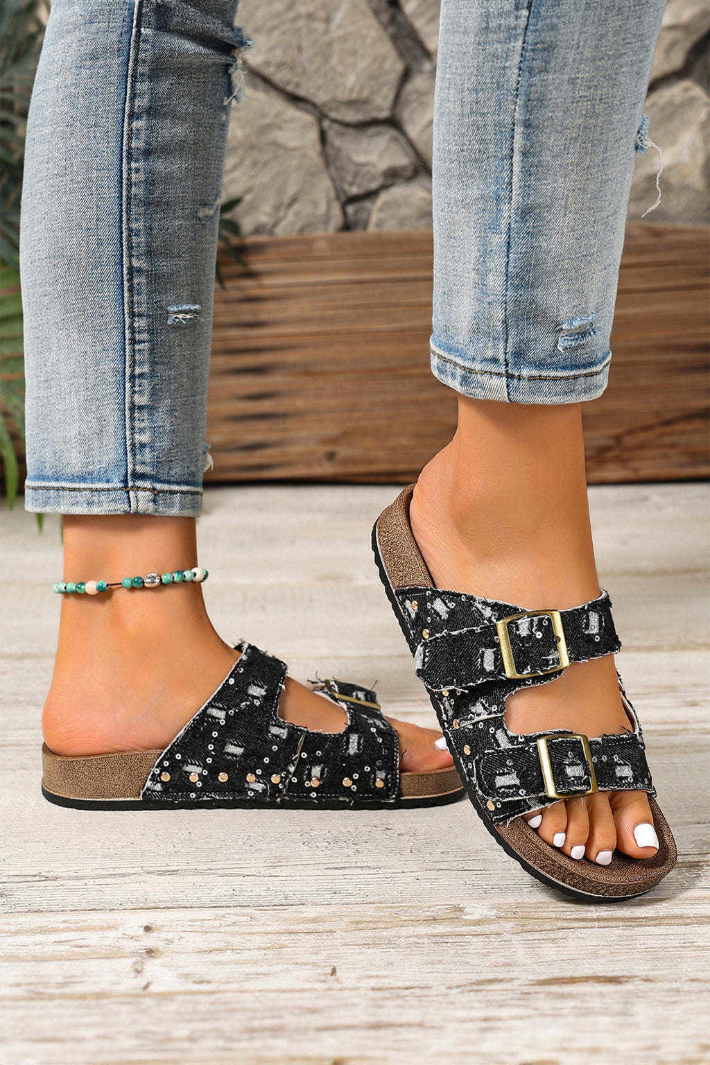Light Grey Leopard Two-tone Retro Buckle Straps Hollowed Faux Suede Slippers