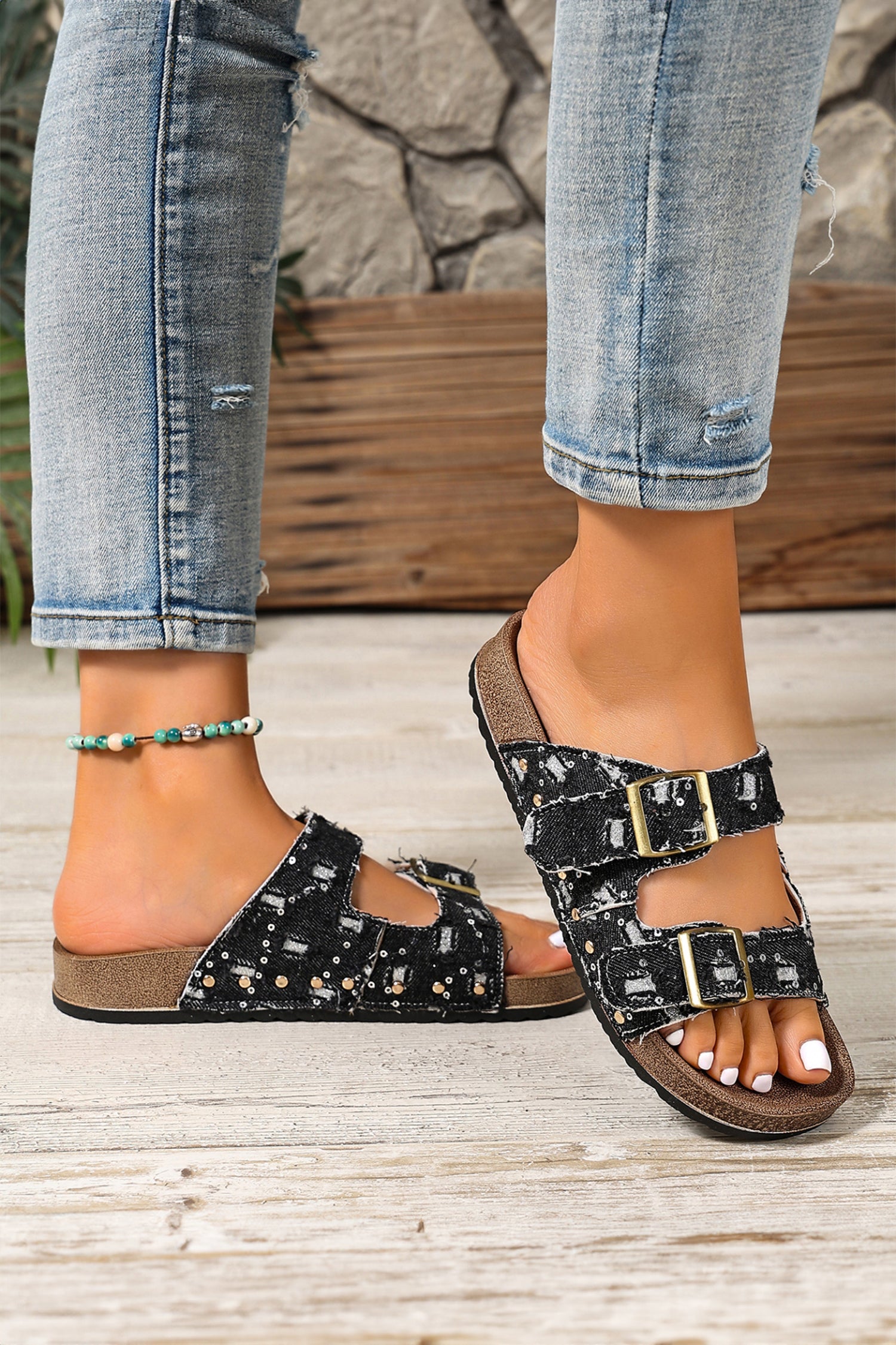 Light Grey Leopard Two-tone Retro Buckle Straps Hollowed Faux Suede Slippers