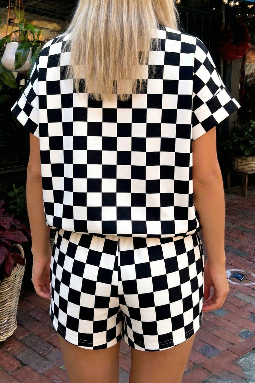 Black Checkered Print Color Block Trim Mock Neck Short Set