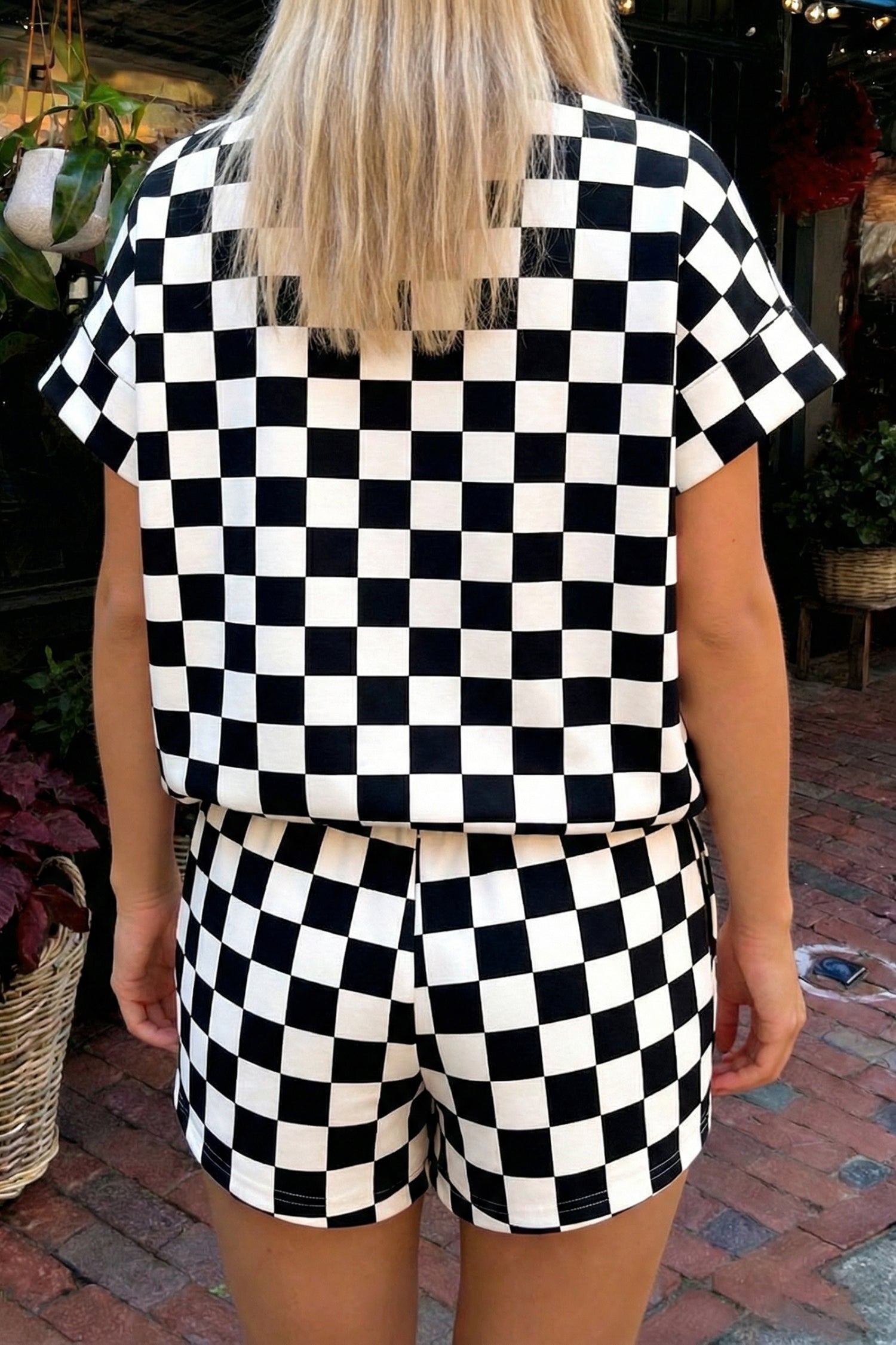 Black Checkered Print Color Block Trim Mock Neck Short Set
