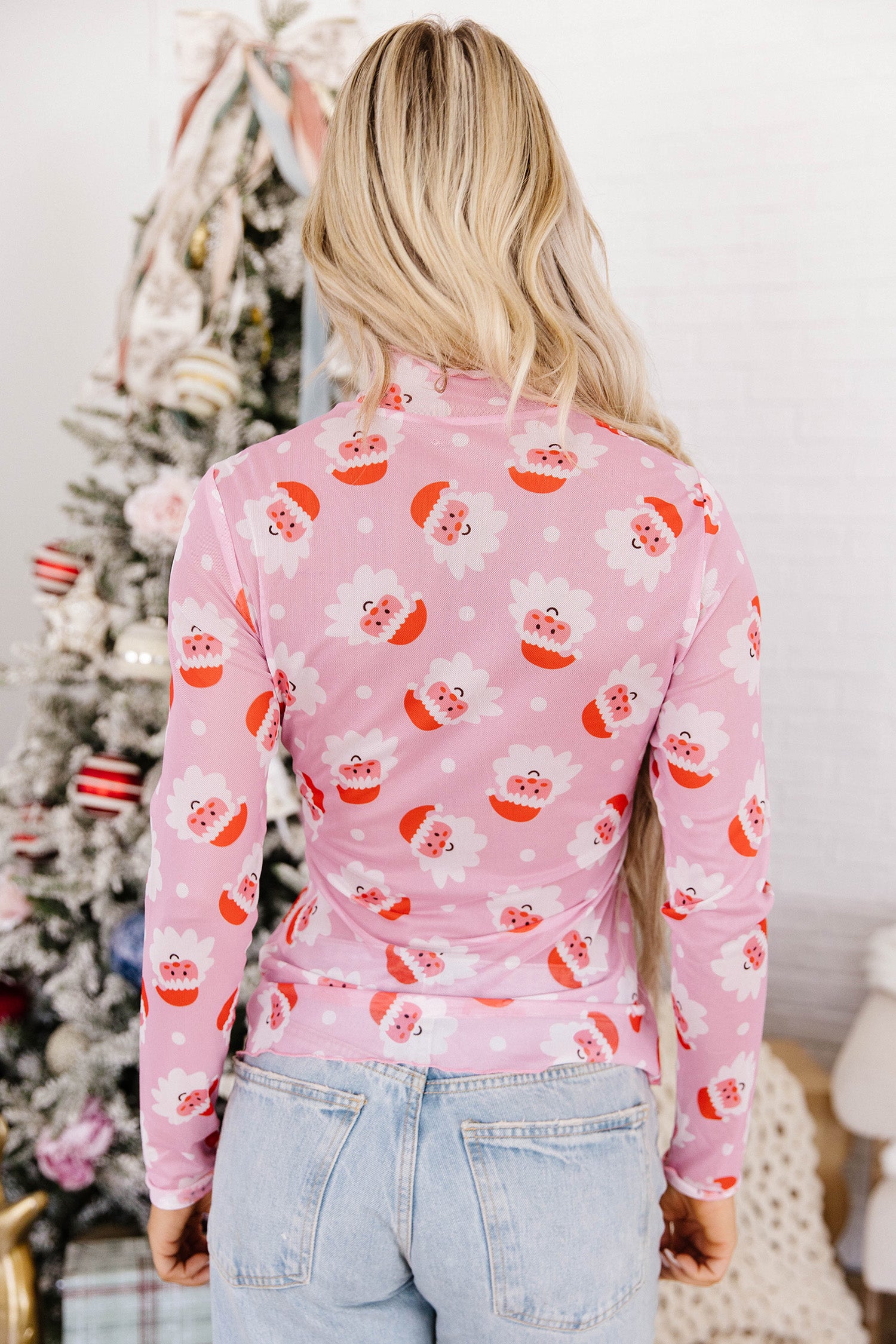 Pink Abstract Santa Print Stand Neck Sheath Long Sleeve Top