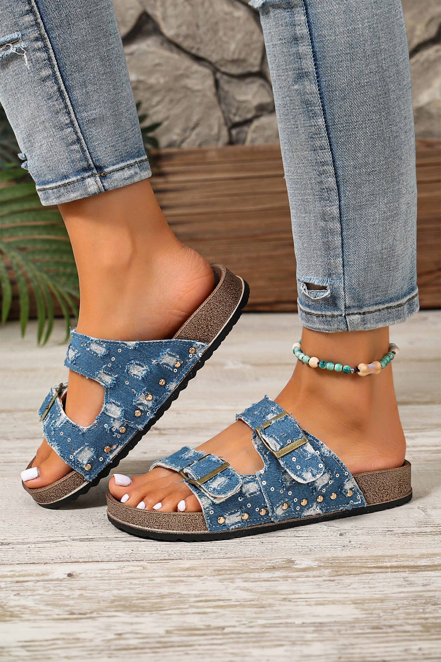 Light Grey Leopard Two-tone Retro Buckle Straps Hollowed Faux Suede Slippers