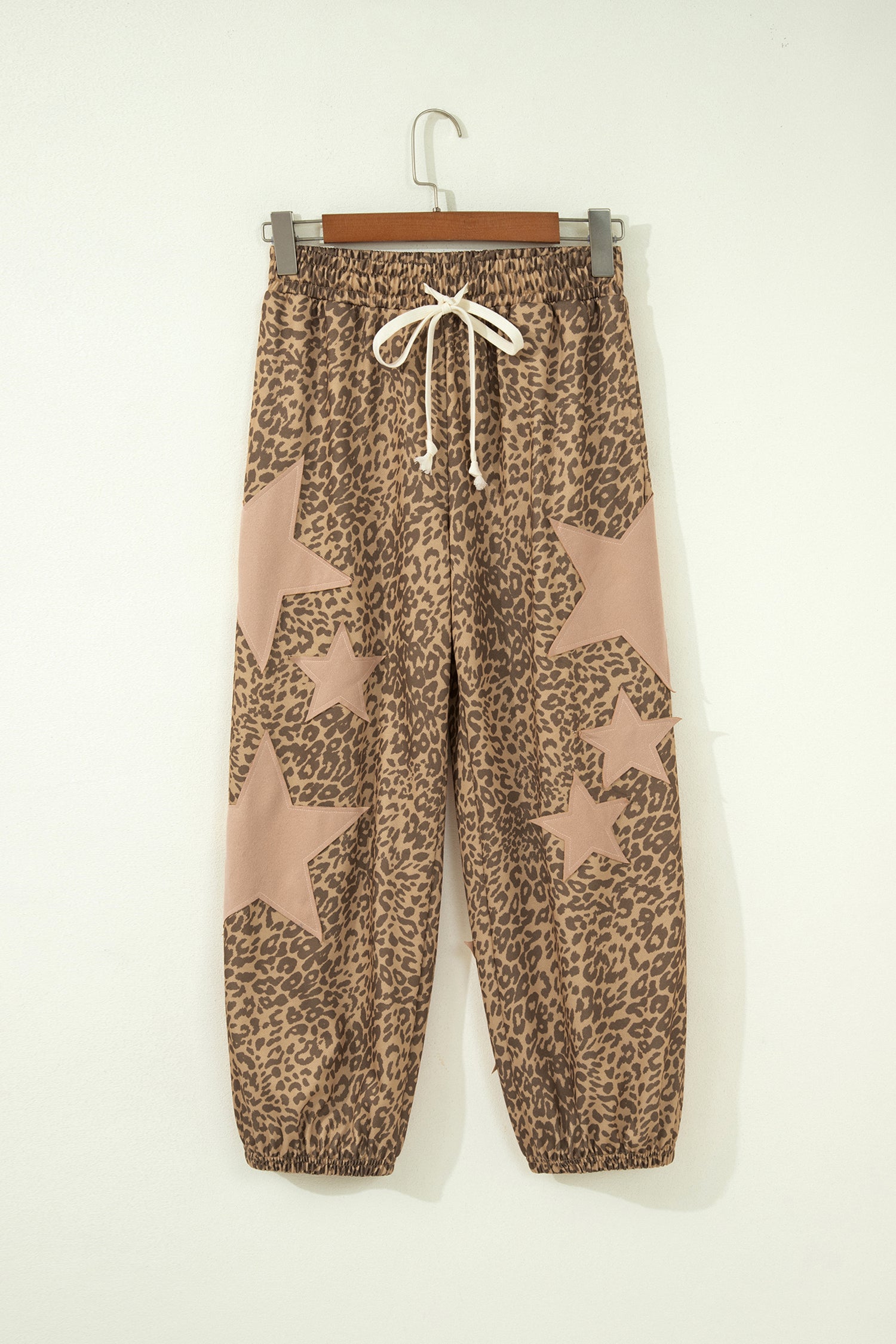 Gray Leopard Print Star Patched Drawstring Elastic Waist Jogger Pants