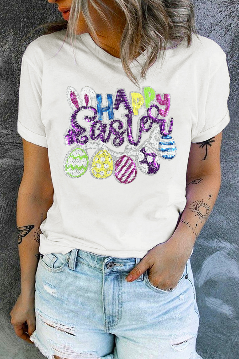 White Happy Easter Sequin Patched Casual Tee