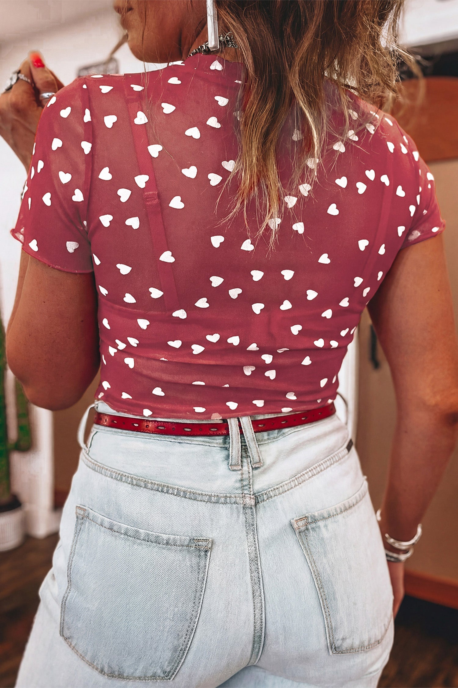 Pink Allover Heart Print Mesh Short Sleeve Top