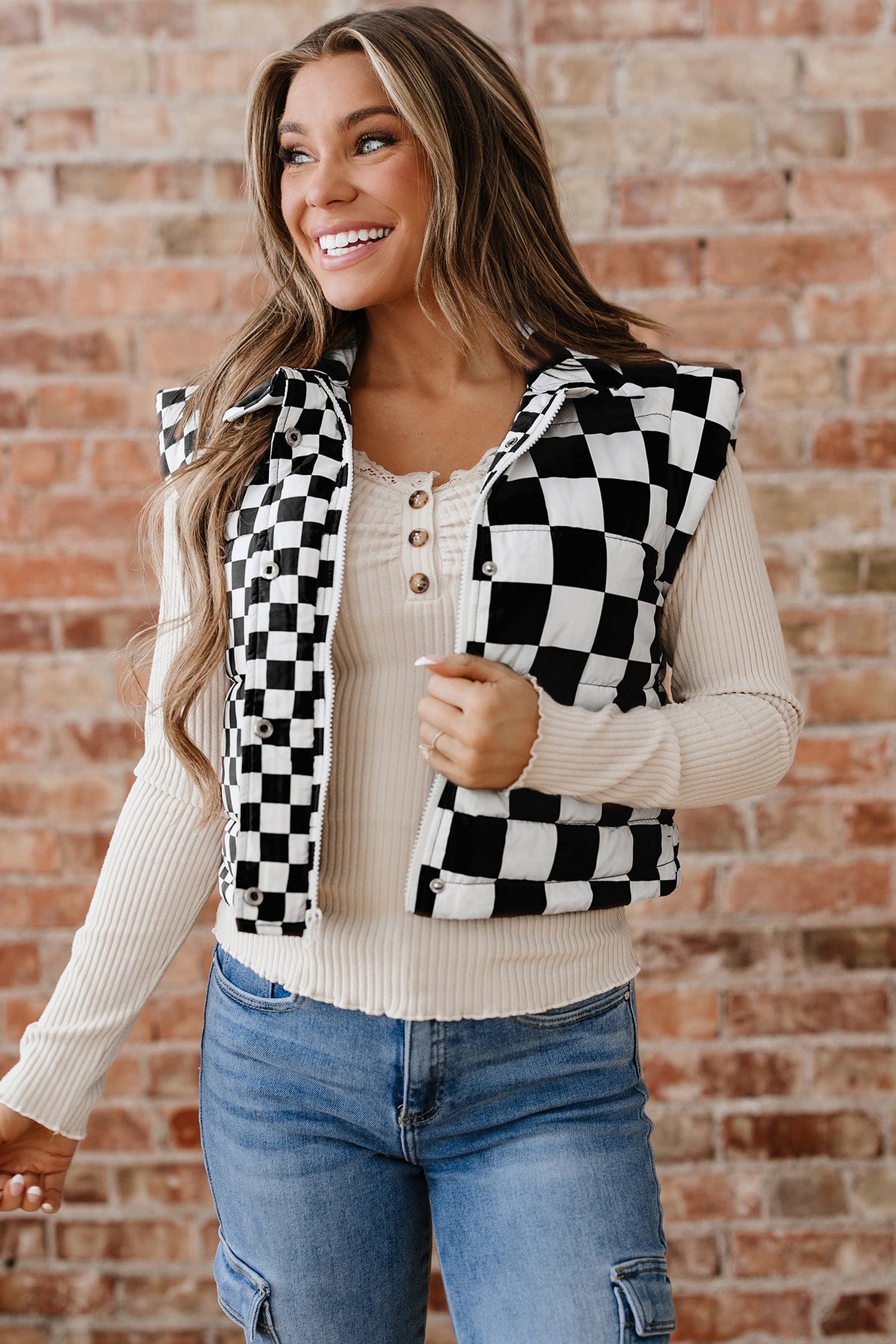 Black Double Checked Stand Collar Cropped Puffer Vest
