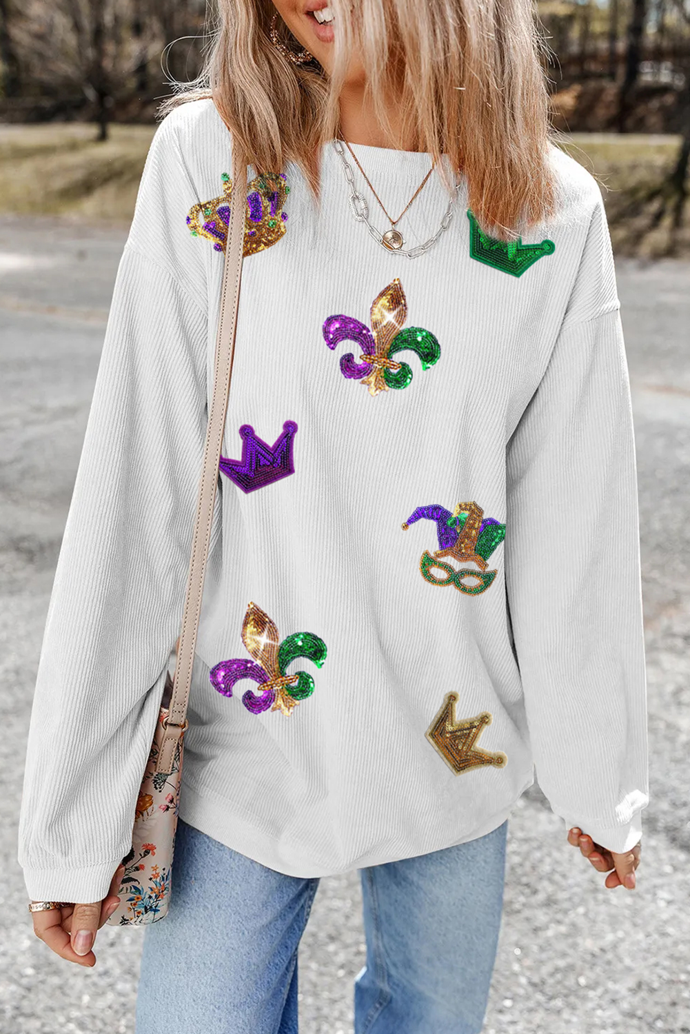 White Sequin Mardi Gras Symbol Crown Mask Patched Corded Sweatshirt