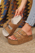 Chestnut Suede Buckle Decor Footbed Sandal Slippers
