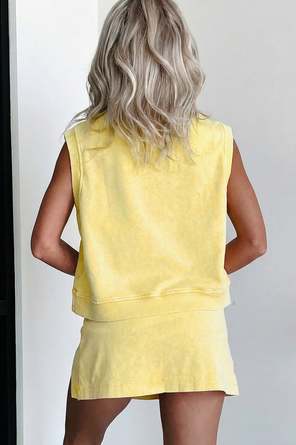 Smoke Gray Solid Color Washed Sleeveless Top Split Skort Cotton 2pcs Outfit