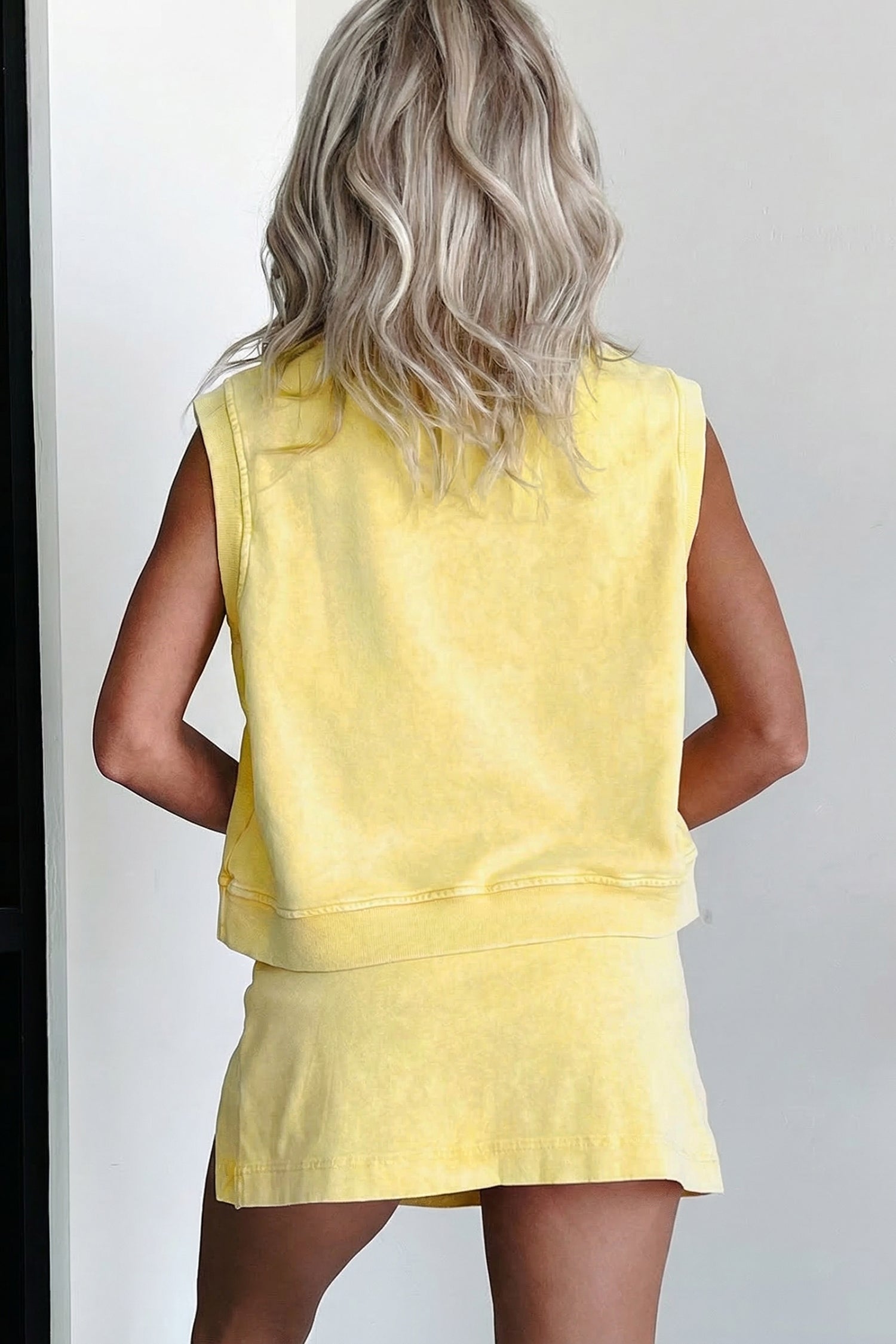 Smoke Gray Solid Color Washed Sleeveless Top Split Skort Cotton 2pcs Outfit