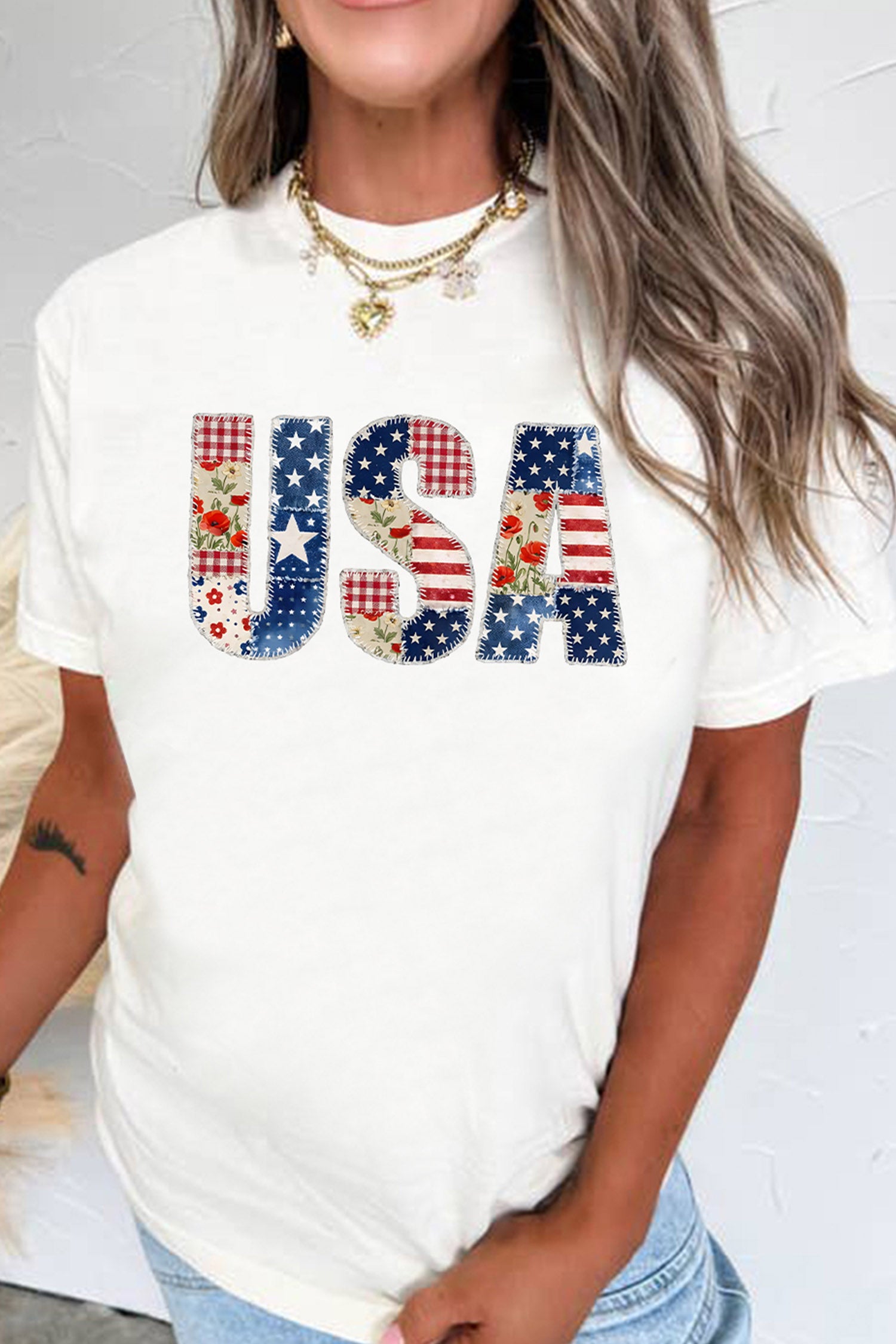 White USA Faux Patchwork Graphic Tee