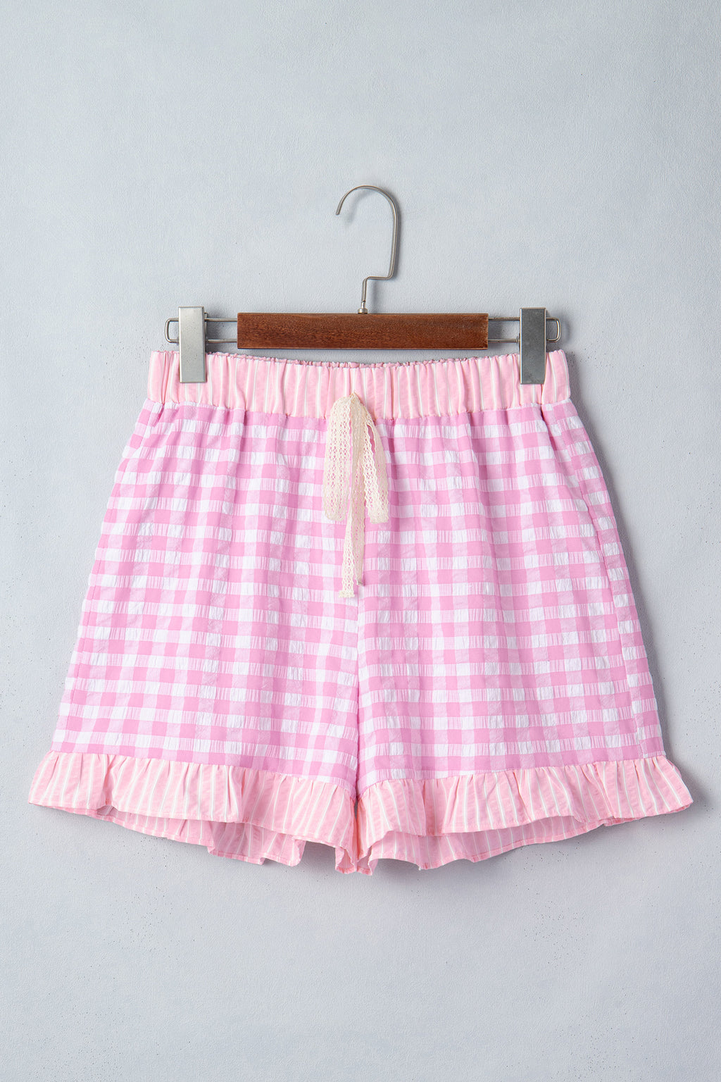 Pink Gingham Print Ruffle Striped Detail Lace Tie Shorts