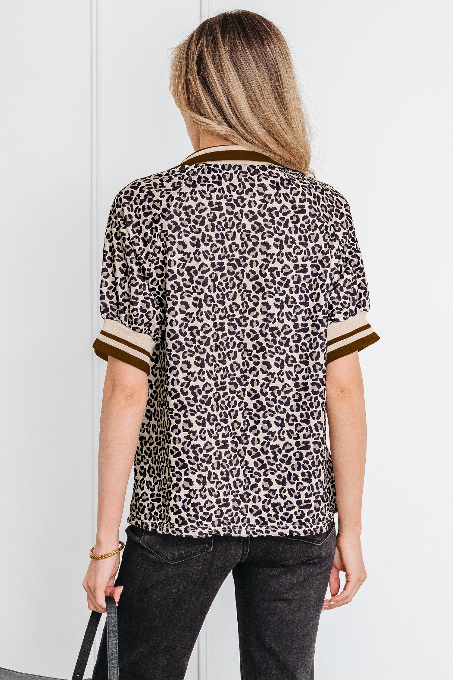 Khaki Leopard Print Half Zip Striped Trim Patchwork Short Sleeve Top