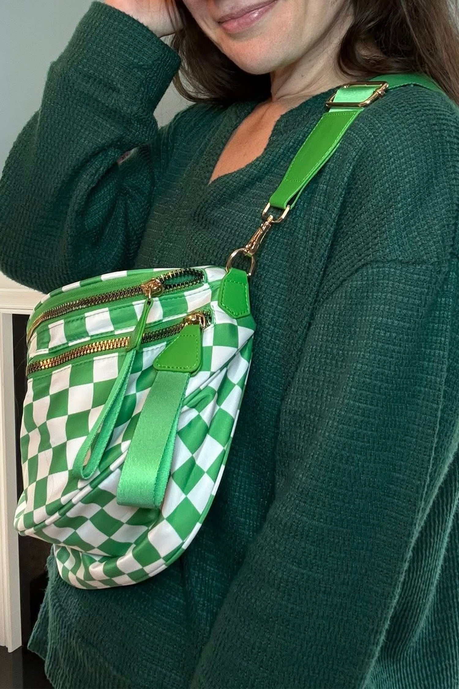 Chestnut Checkered Print Wide Strap Large Crossbody Bag