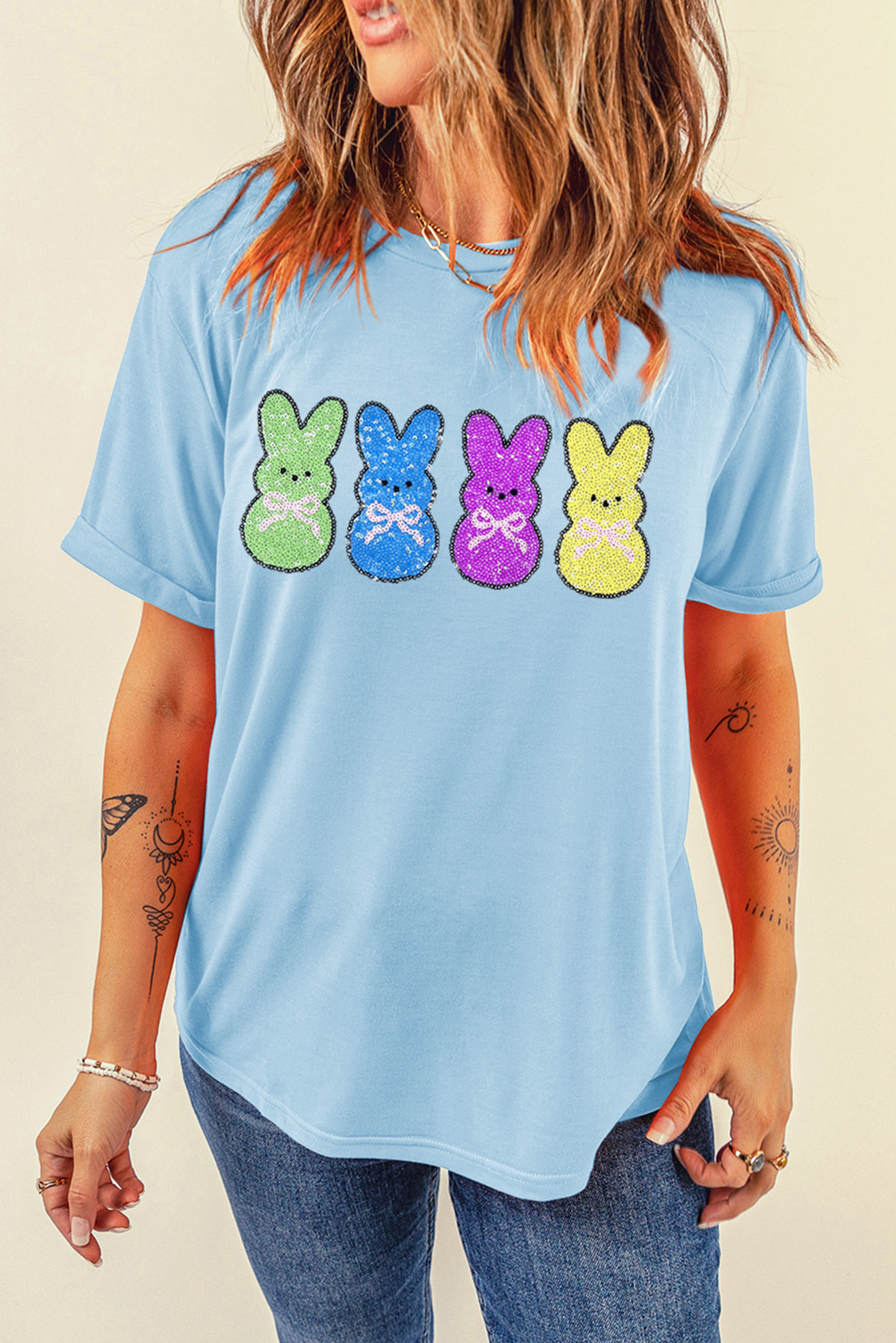 Light Blue Sequin Bunny Doll Graphic Casual T Shirt