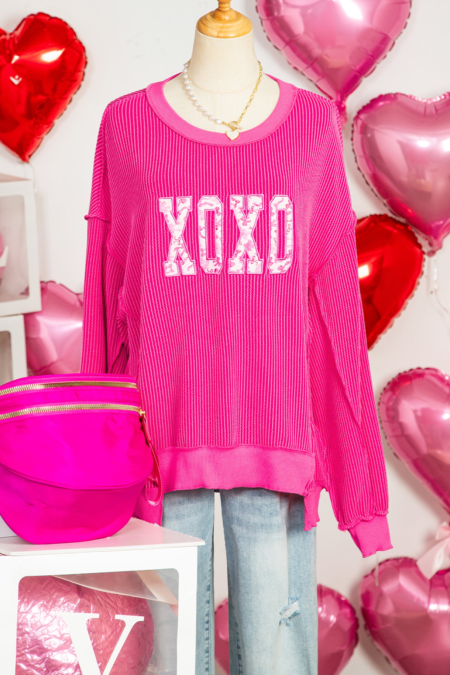 Strawberry Pink Twisted Ribbed Long Sleeve XOXO Bow Print Embroidered Patch Graphic Top