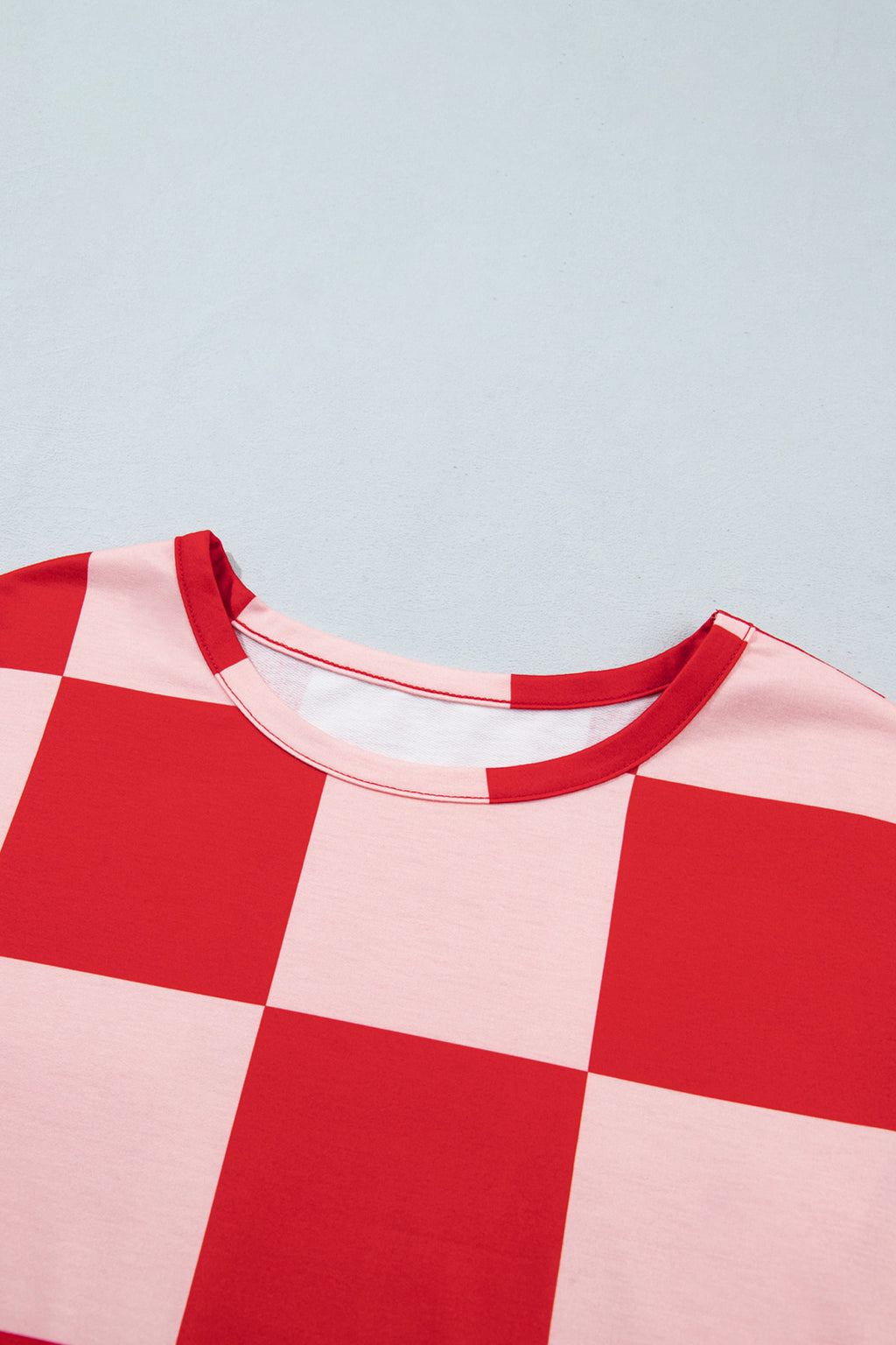 Red Checkerboard Plaid Long Sleeve Solid Color Shorts 2pcs Set