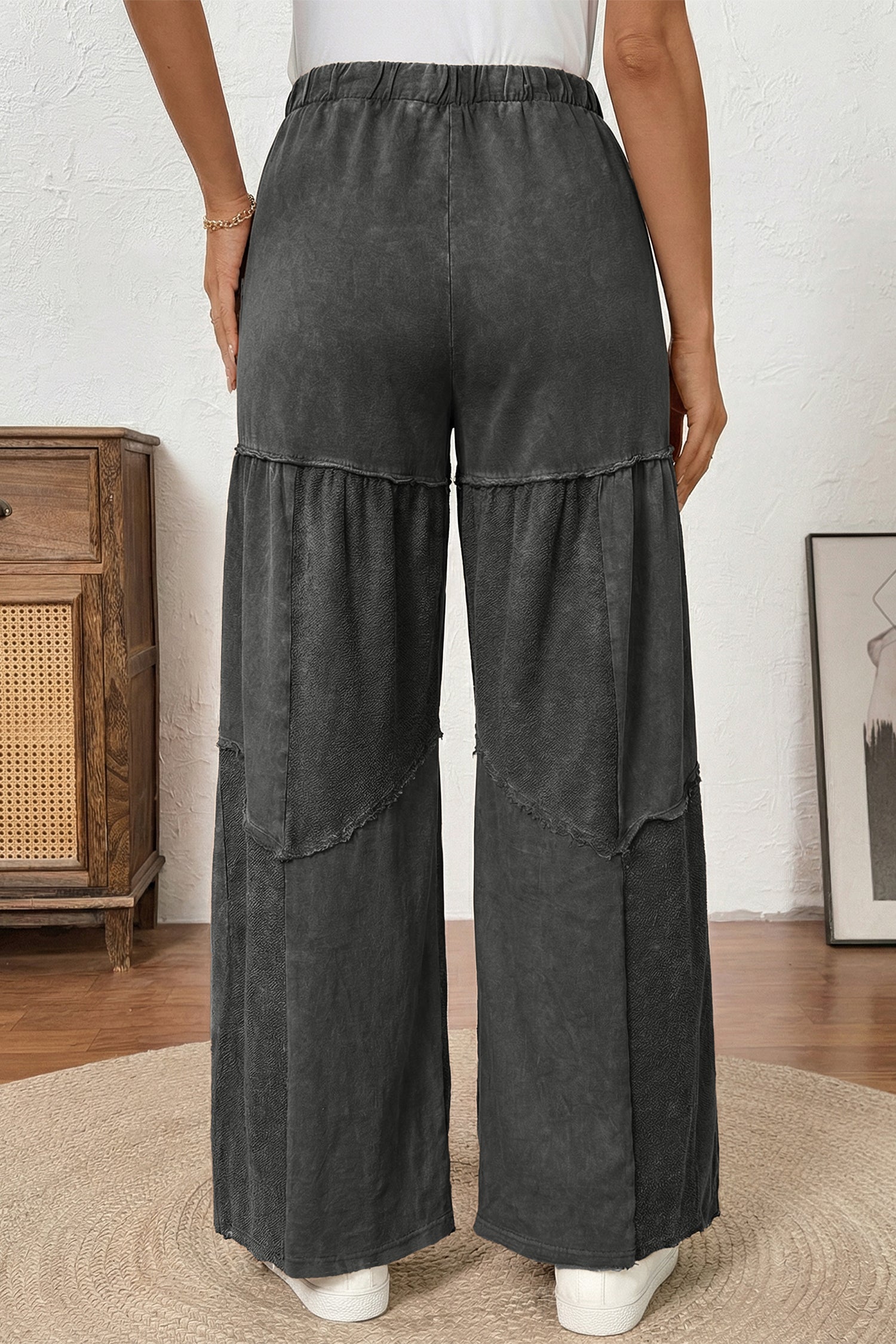 Careys Mineral Wash Tiered Wide Leg Patchwork Drawstring Pants