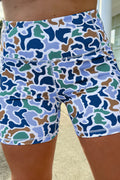 Sky Blue Abstract Camo Printed Seam Detail Biker Shorts