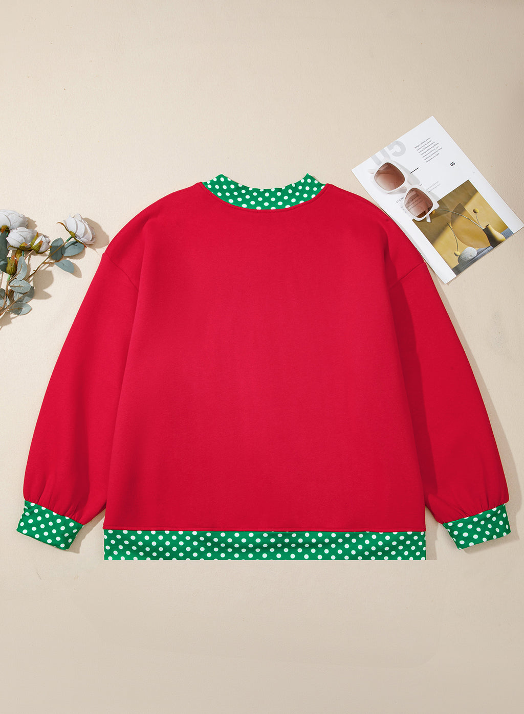 Dark Green Polka Dot Patchwork Round Neck Plus Size Sweatshirt