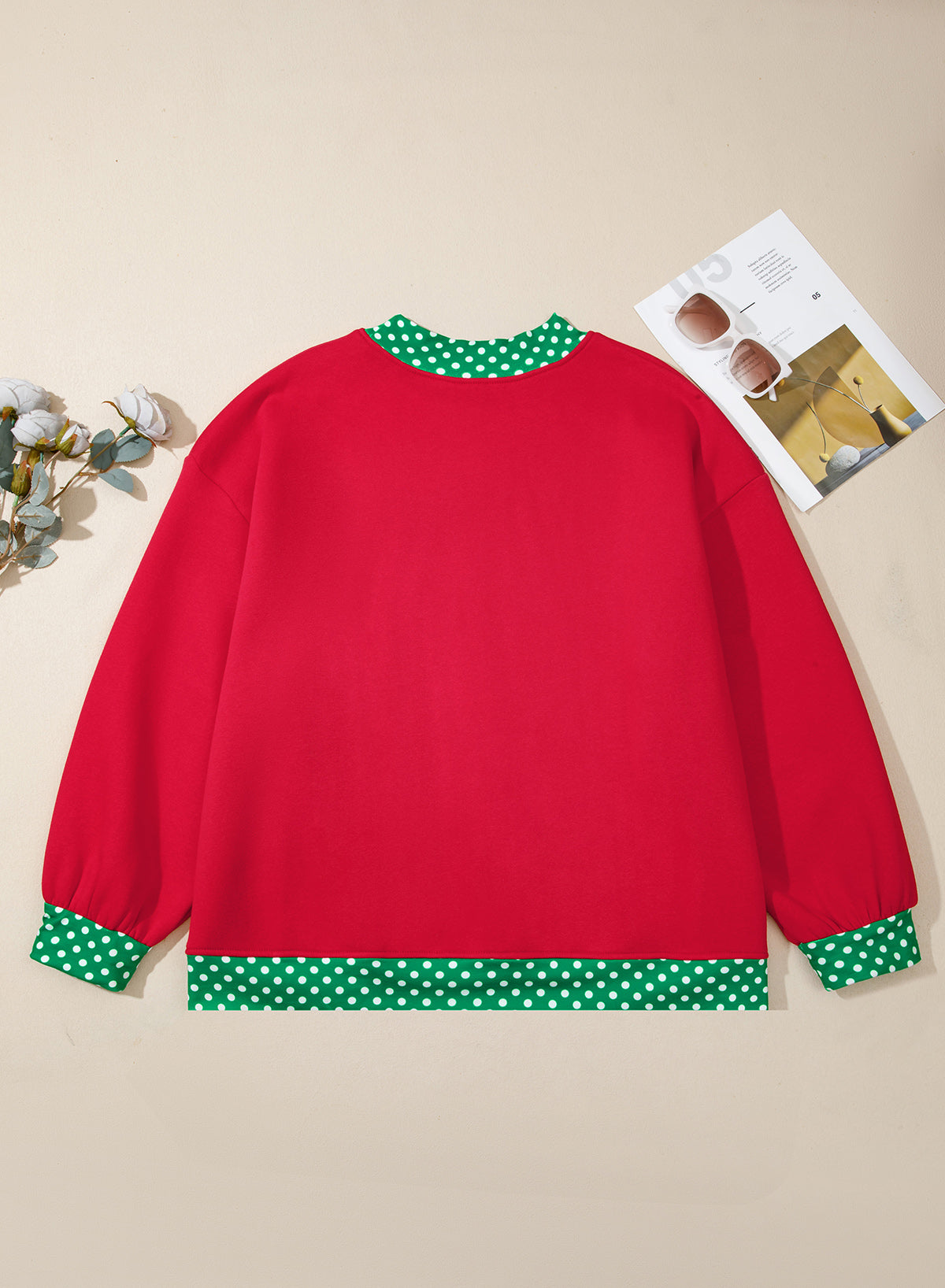 Dark Green Polka Dot Patchwork Round Neck Plus Size Sweatshirt