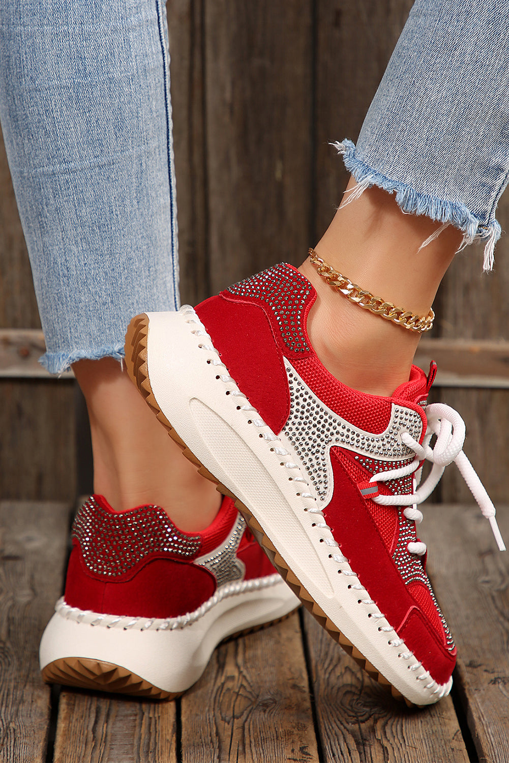 White Rhinestone Embellished Color Block Patchwork Lace-up Breathable Sneakers