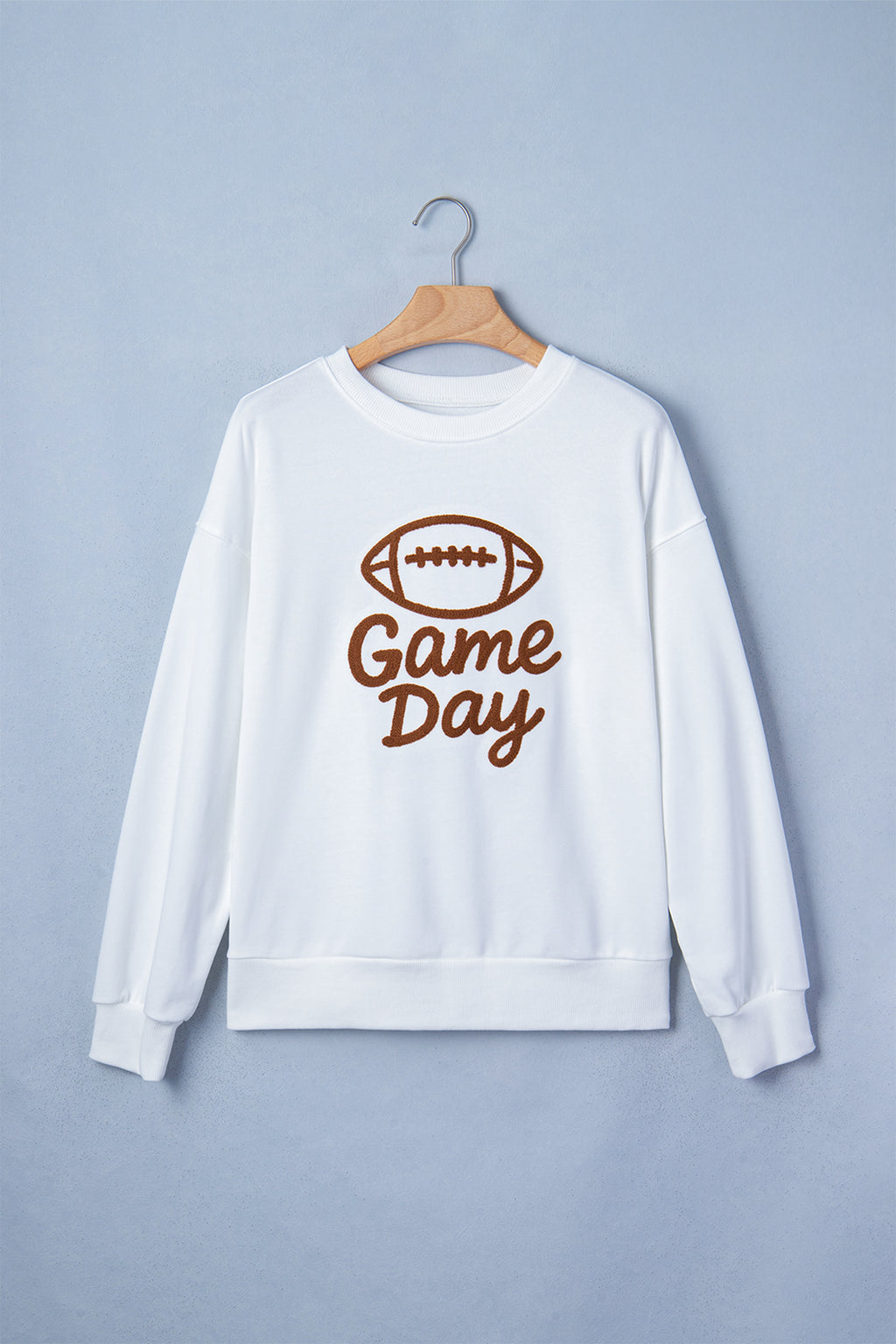 White Embroidered Slogan Game Day Rugby Pattern Crewneck Sweatshirt