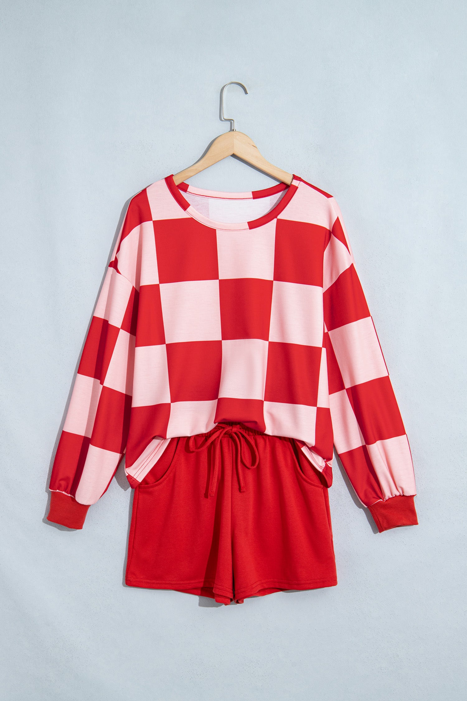 Red Checkerboard Plaid Long Sleeve Solid Color Shorts 2pcs Set
