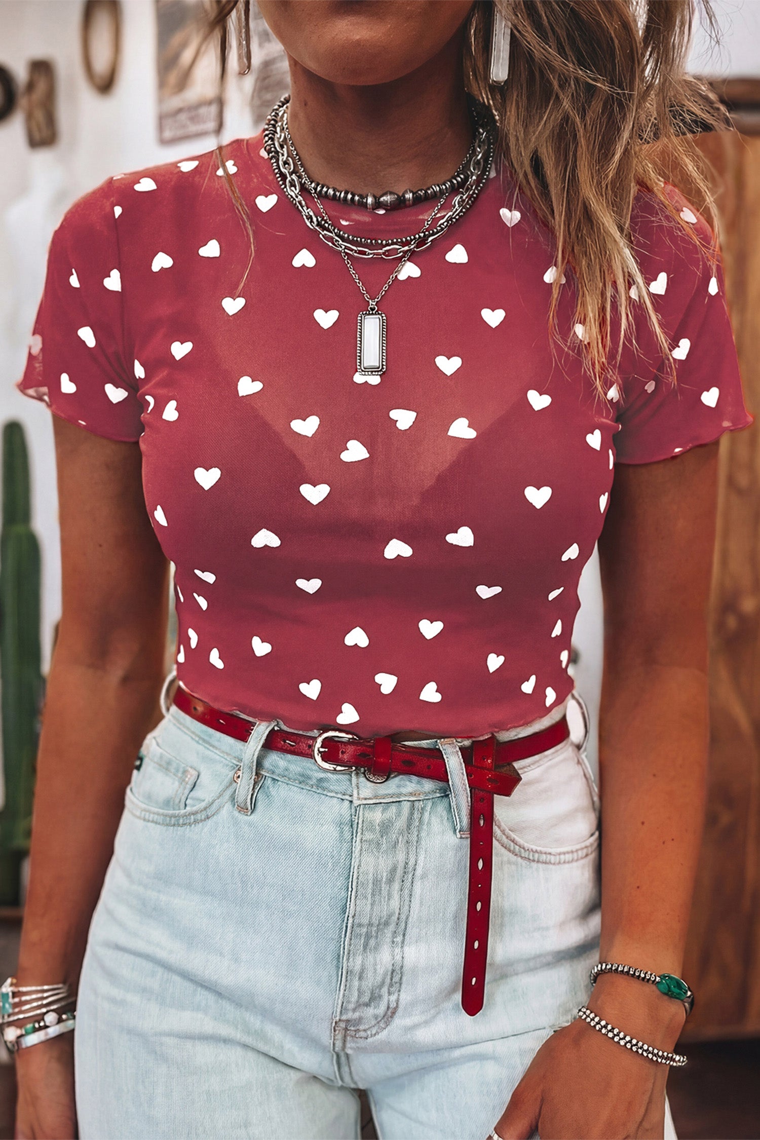 Pink Allover Heart Print Mesh Short Sleeve Top