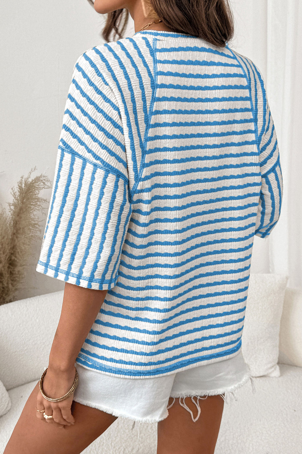 Pink Stripe Textured Knit Split Hem Half Sleeve Loose Top