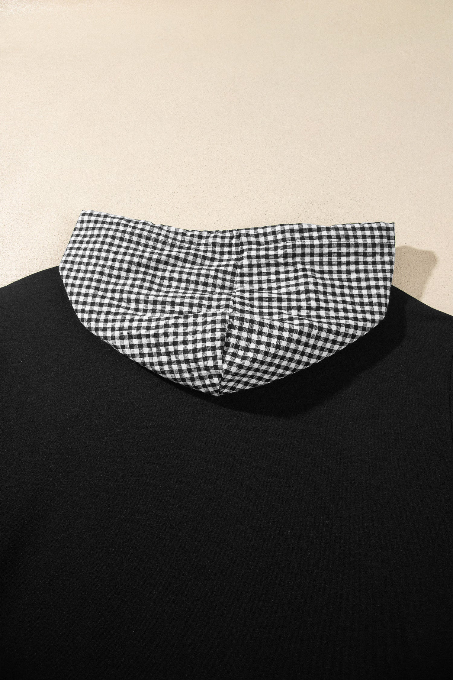 Black Hooded Gingham Paneling Chest Patch Pocket Long Sleeve Plus Size Blouse