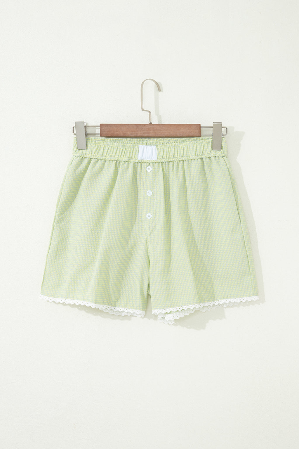 Green Gingham Plaid Button Detail Lace Trim Boxer Shorts