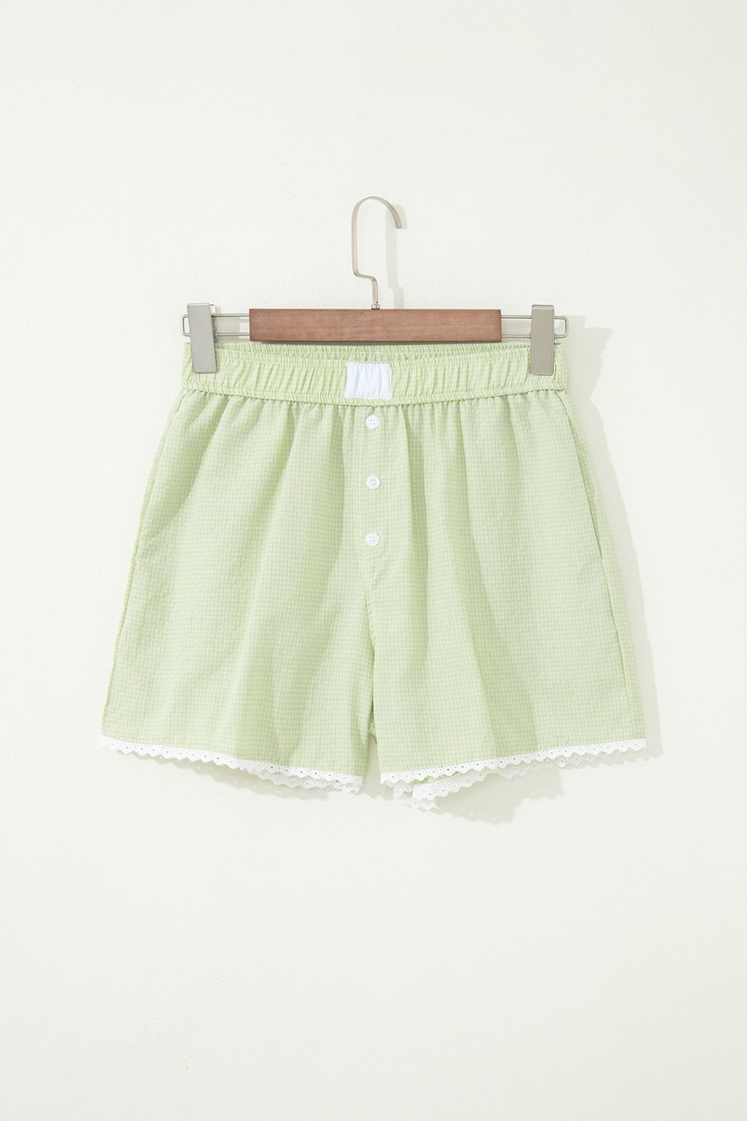 Green Gingham Plaid Button Detail Lace Trim Boxer Shorts