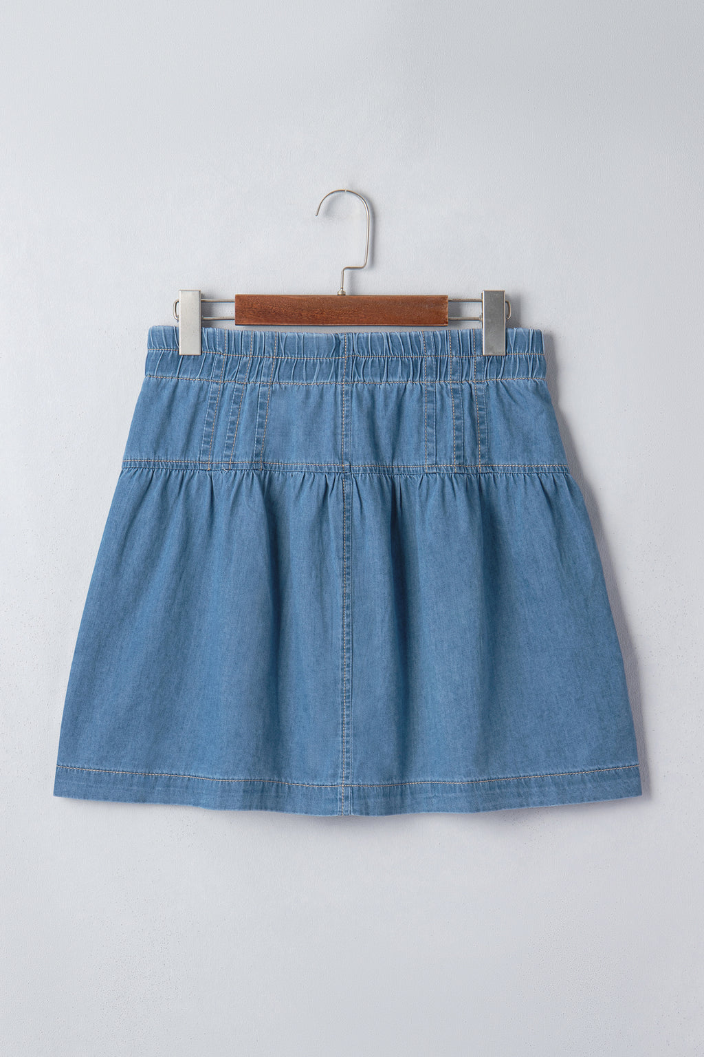 Sky Blue Half Buttons Pleated High Waist Denim Mini Skirt with Drawstring