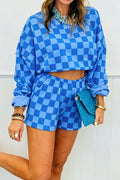 Dark Blue Plaid Checkered Long Sleeve Crop Top Elastic Waist Shorts Two Piece Set