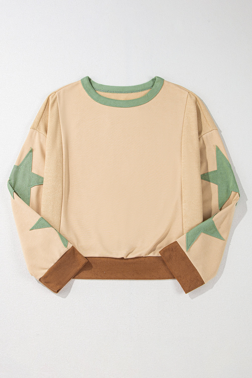 Beige Star Patchwork Exposed Seam Oversized Sweatshirt