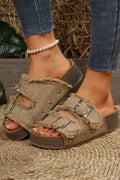 Pale Khaki Double Buckle Straps Hollow Out Frayed Detial Retro Slippers