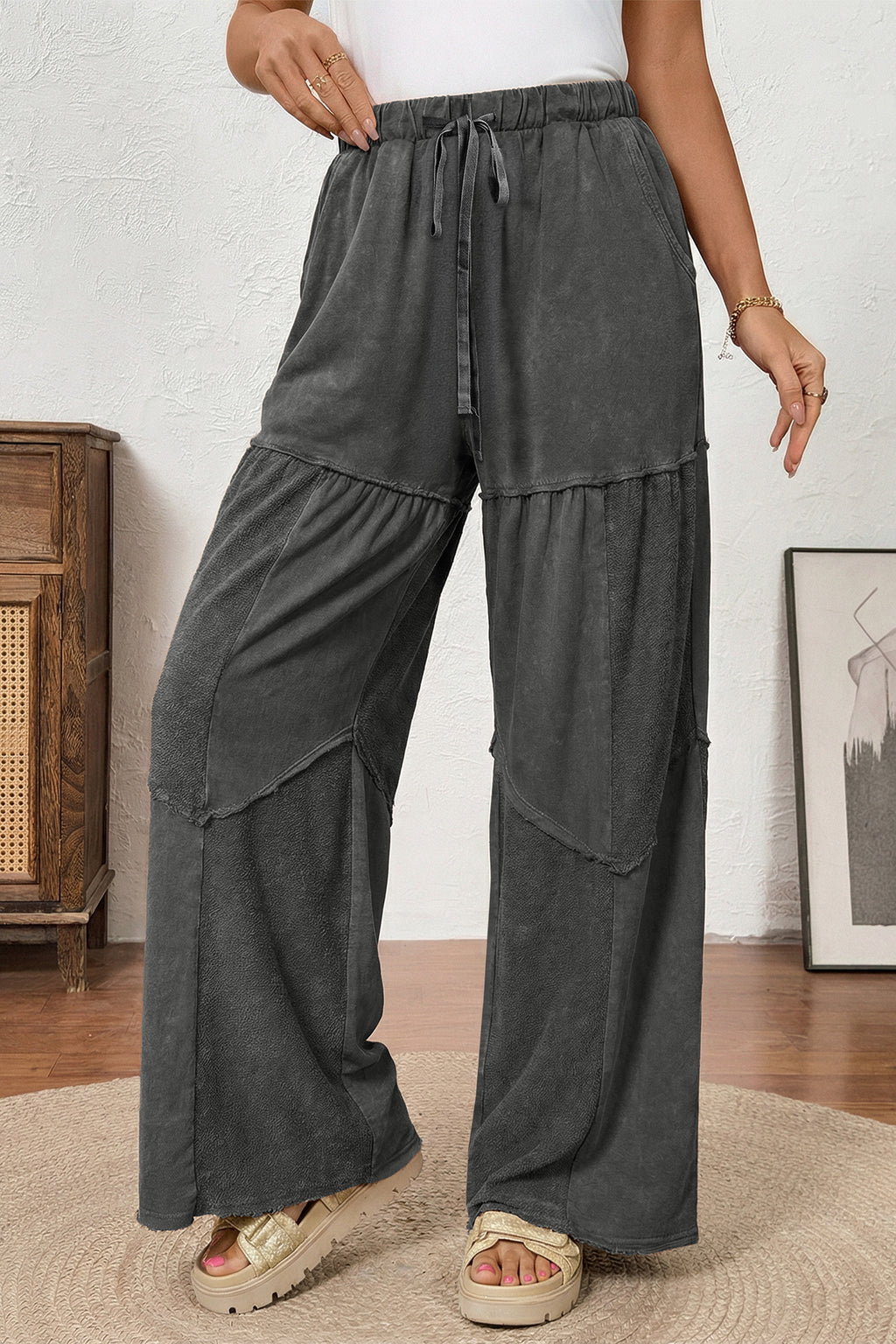 Careys Mineral Wash Tiered Wide Leg Patchwork Drawstring Pants