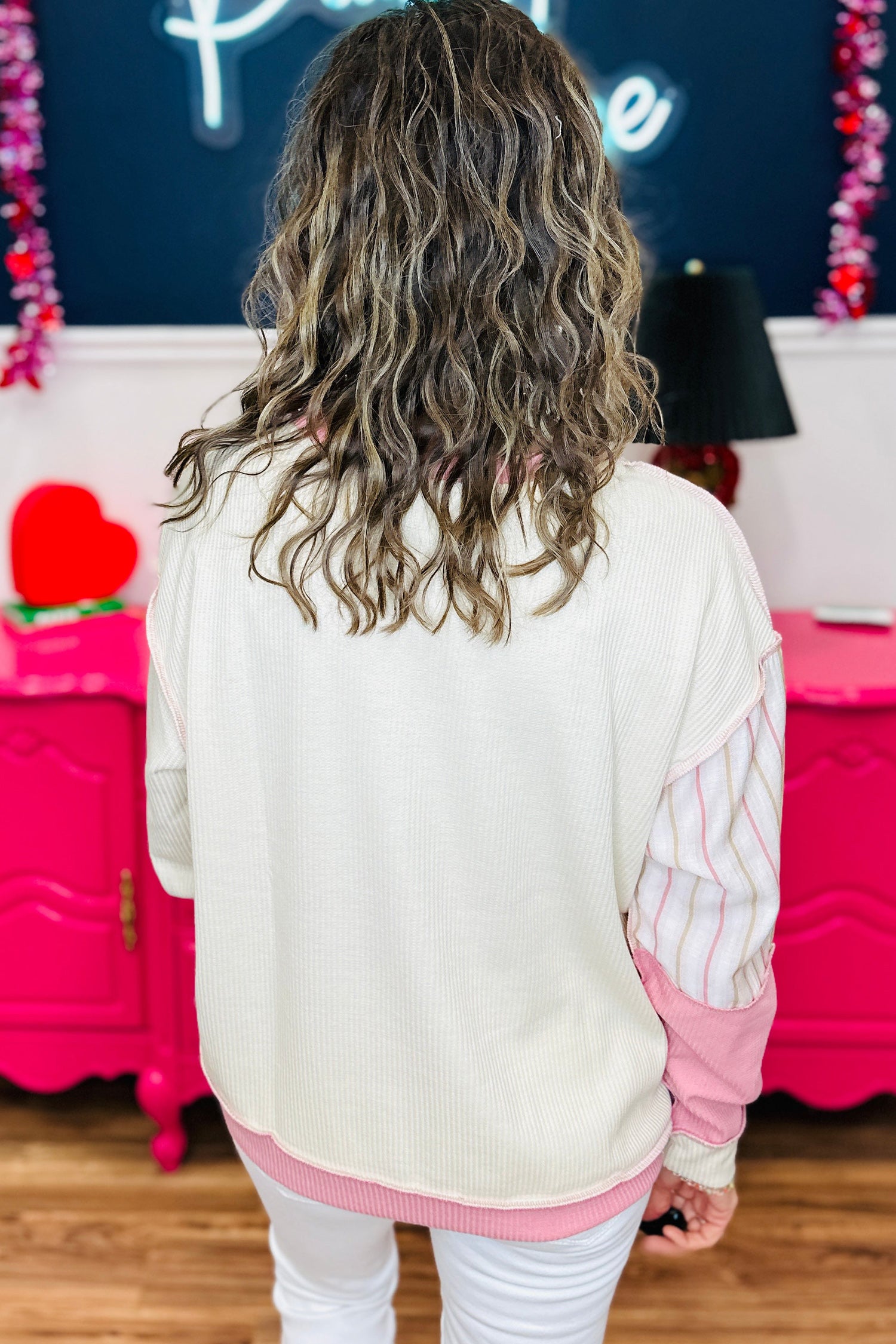 Pink Colorblock Plaid Panel Long Sleeve Plus Size Blouse